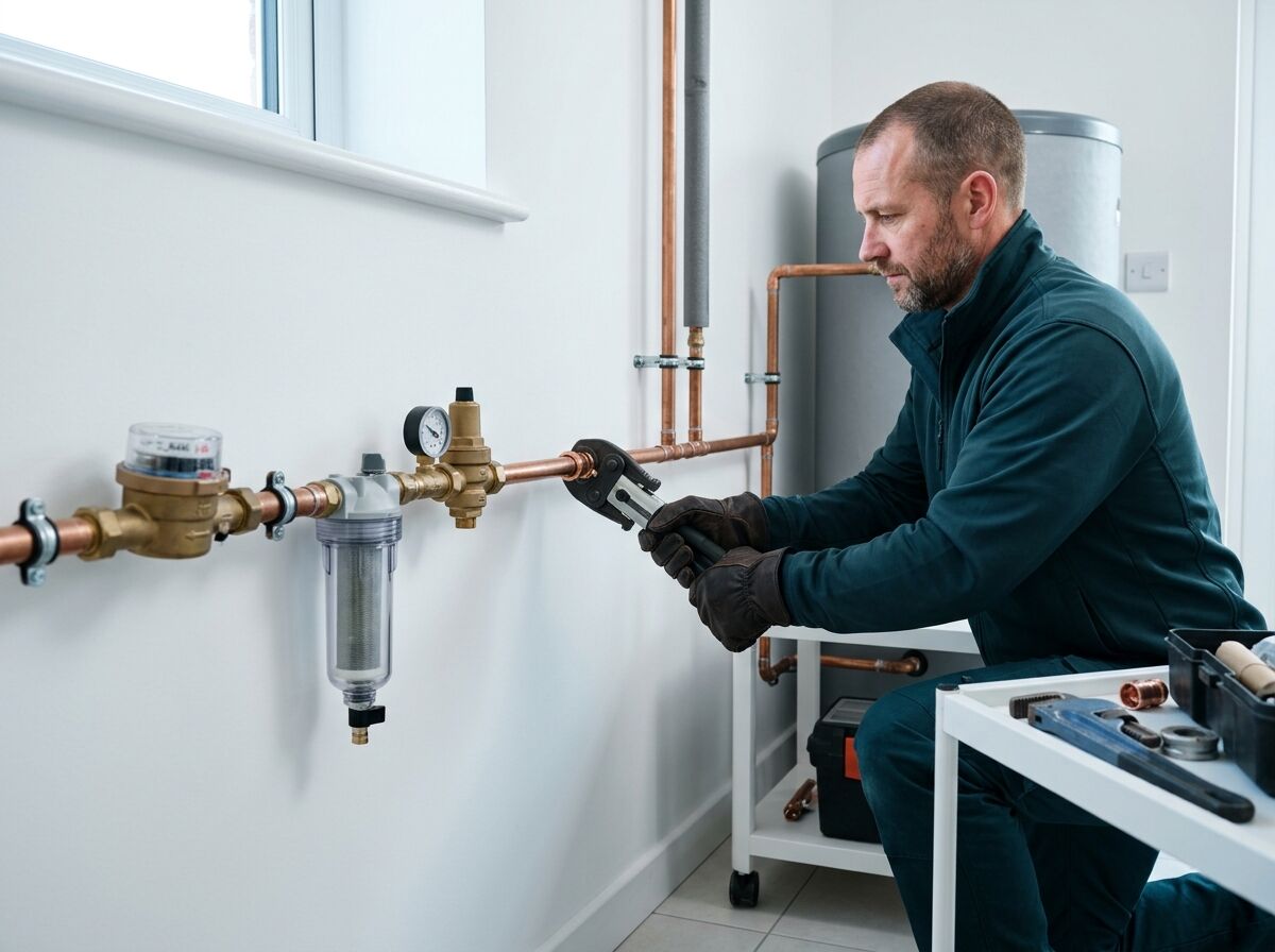 Fachkraft montiert an der Hauswasserleitung nach Wasserzähler, Filter und Druckminderer