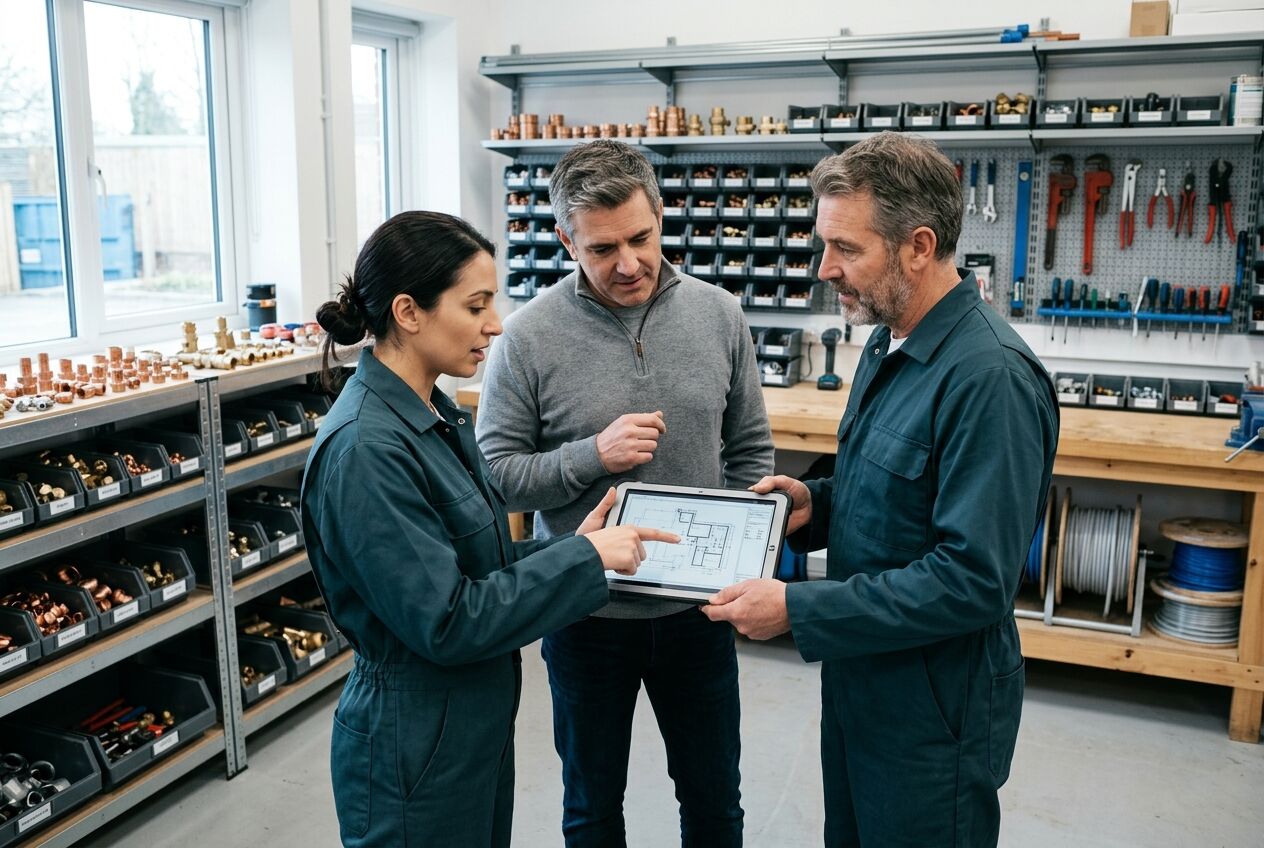 Team eines SHK-Fachbetriebs bespricht im Materiallager eine Planung auf dem Tablet