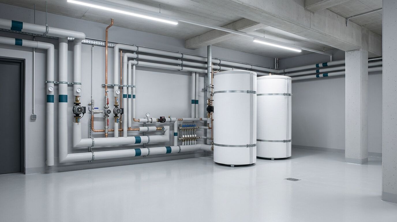 Aufgeräumter Technikraum mit Warmwasserspeichern und isolierten Leitungen