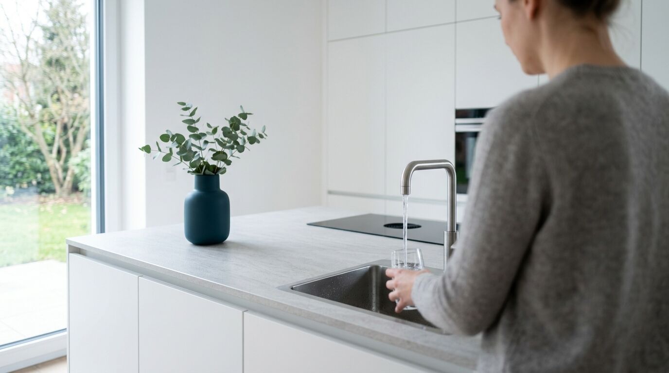 Helle Küche in einem Einfamilienhaus, eine Person füllt am Wasserhahn ein Glas