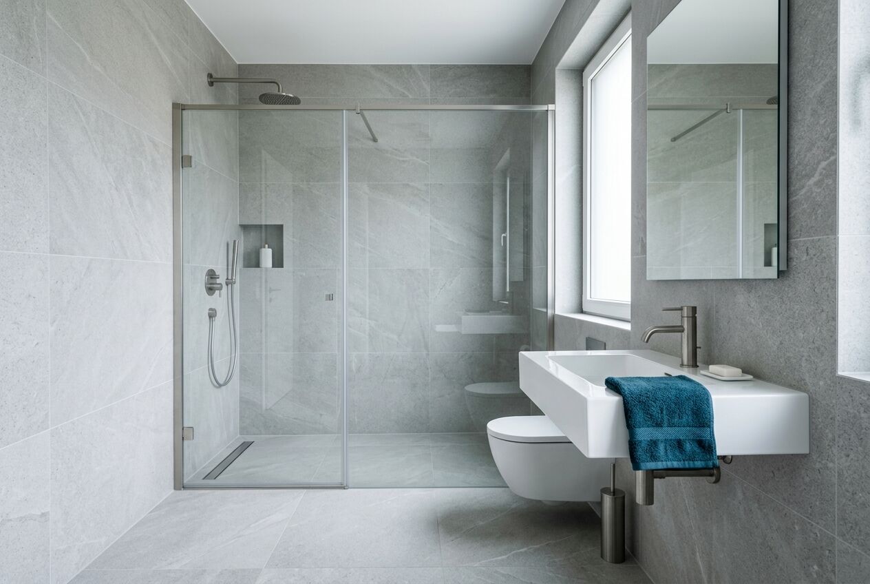 Modernes Hotelbad mit bodengleicher Dusche und Waschtisch