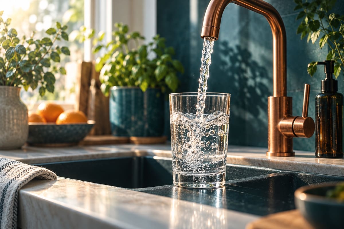 Wasser aus einem Küchenwasserhahn füllt ein Glas