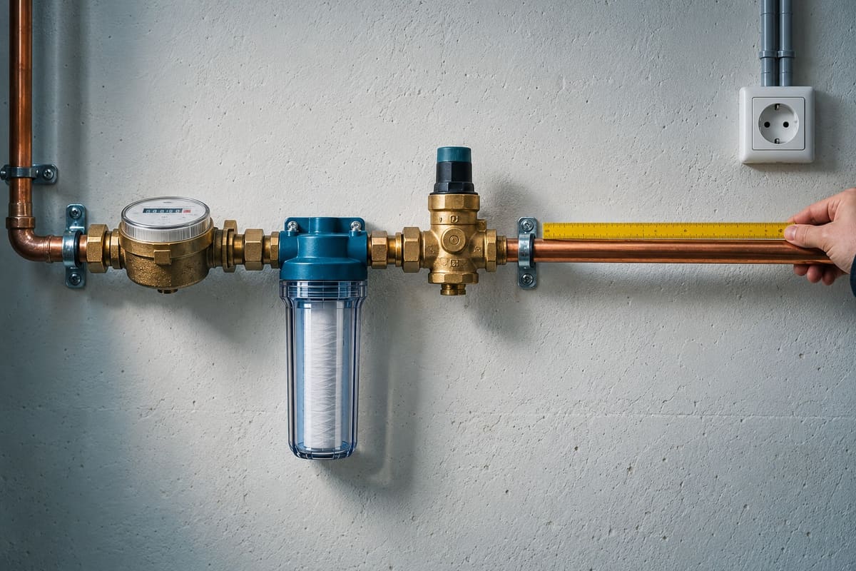 Beispielansicht Hausanschluss: Wasserzähler, Filter, Druckminderer, freie Kupferleitung mit Zollstock und Steckdose