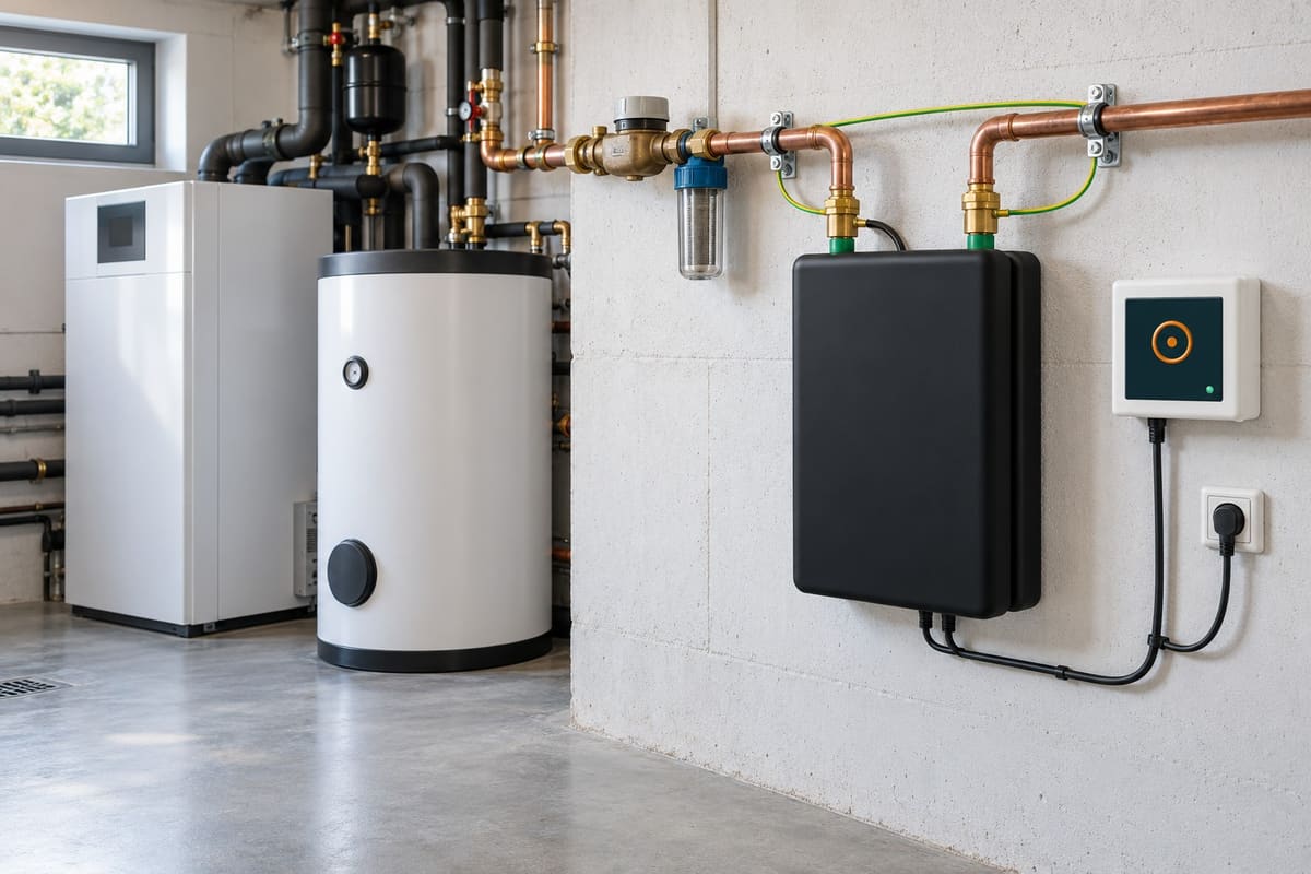 Technikraum mit Wärmepumpe und Warmwasserspeicher, an der Hauptleitung IONDA 400 mit Induktionseinheit, Erdung und Steuergerät