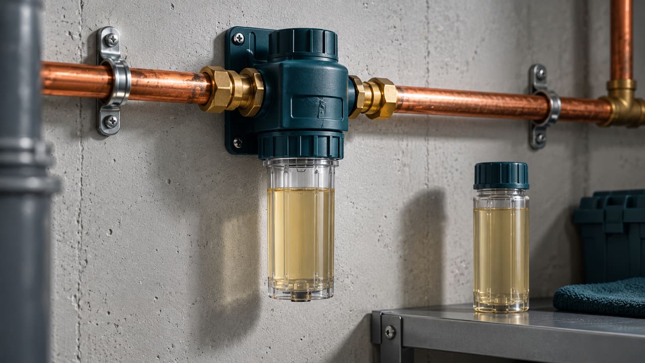 Dosierkartusche an einer Kupfer-Wasserleitung