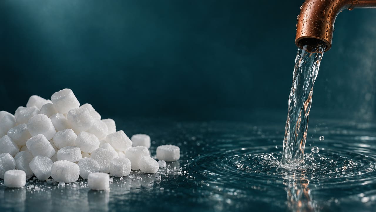 Regeneriersalz-Tabletten neben klarem, fließendem Wasser