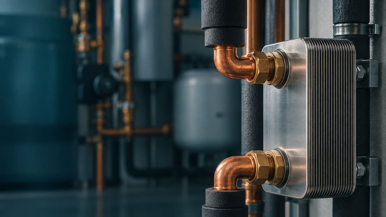 Plattenwärmetauscher mit gedämmten Kupferleitungen im Heizraum