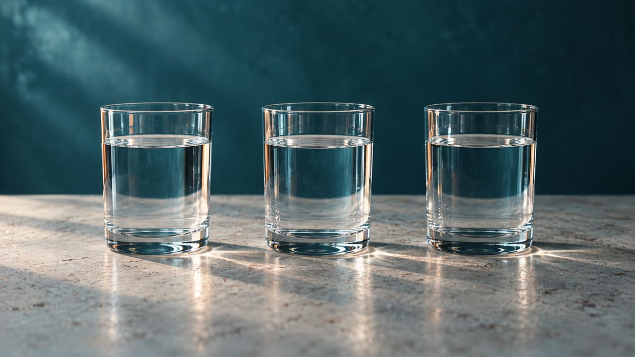 Drei Gläser mit klarem Trinkwasser auf heller Steinfläche