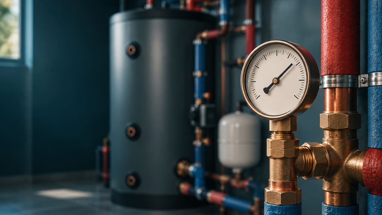 Heizraum mit Pufferspeicher, roten und blauen Leitungen und Manometer