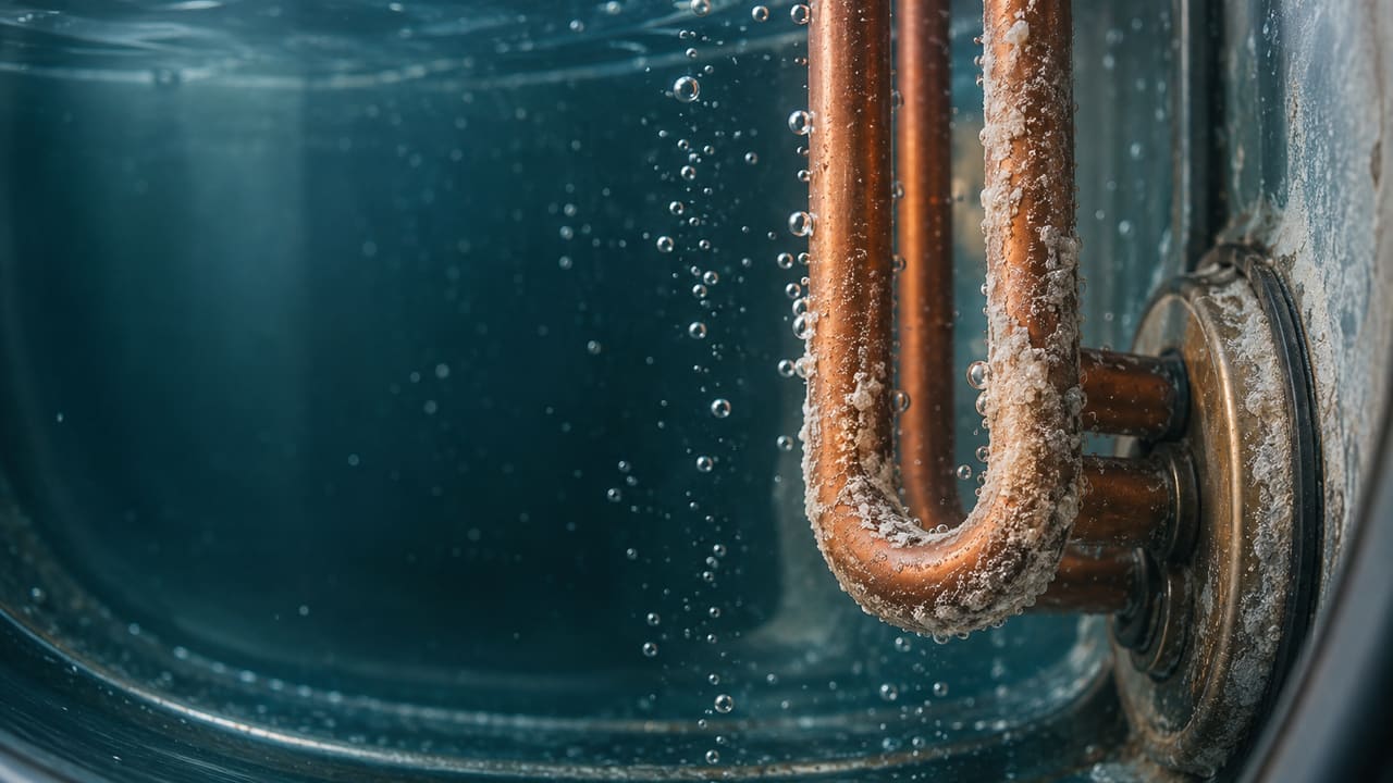 Kupfer-Heizstab mit Kalkkristallen im Inneren eines Warmwasserspeichers