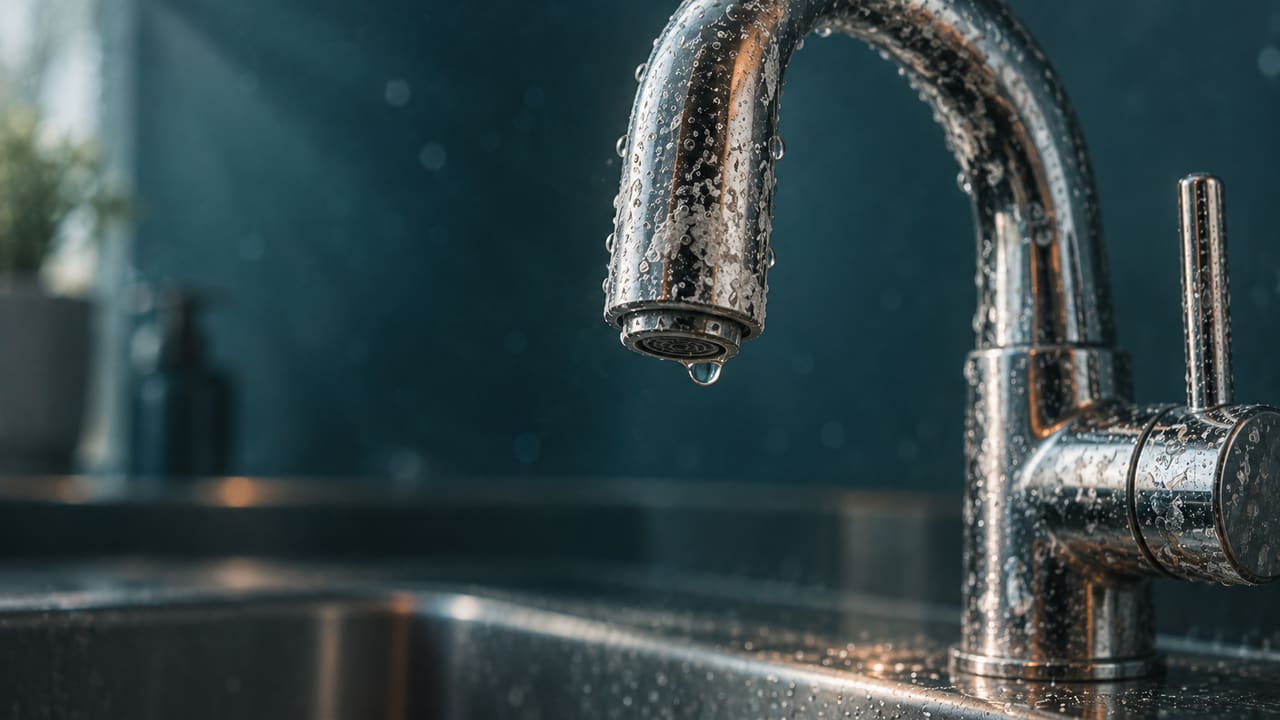Küchenarmatur mit weißen Kalkflecken und Wassertropfen