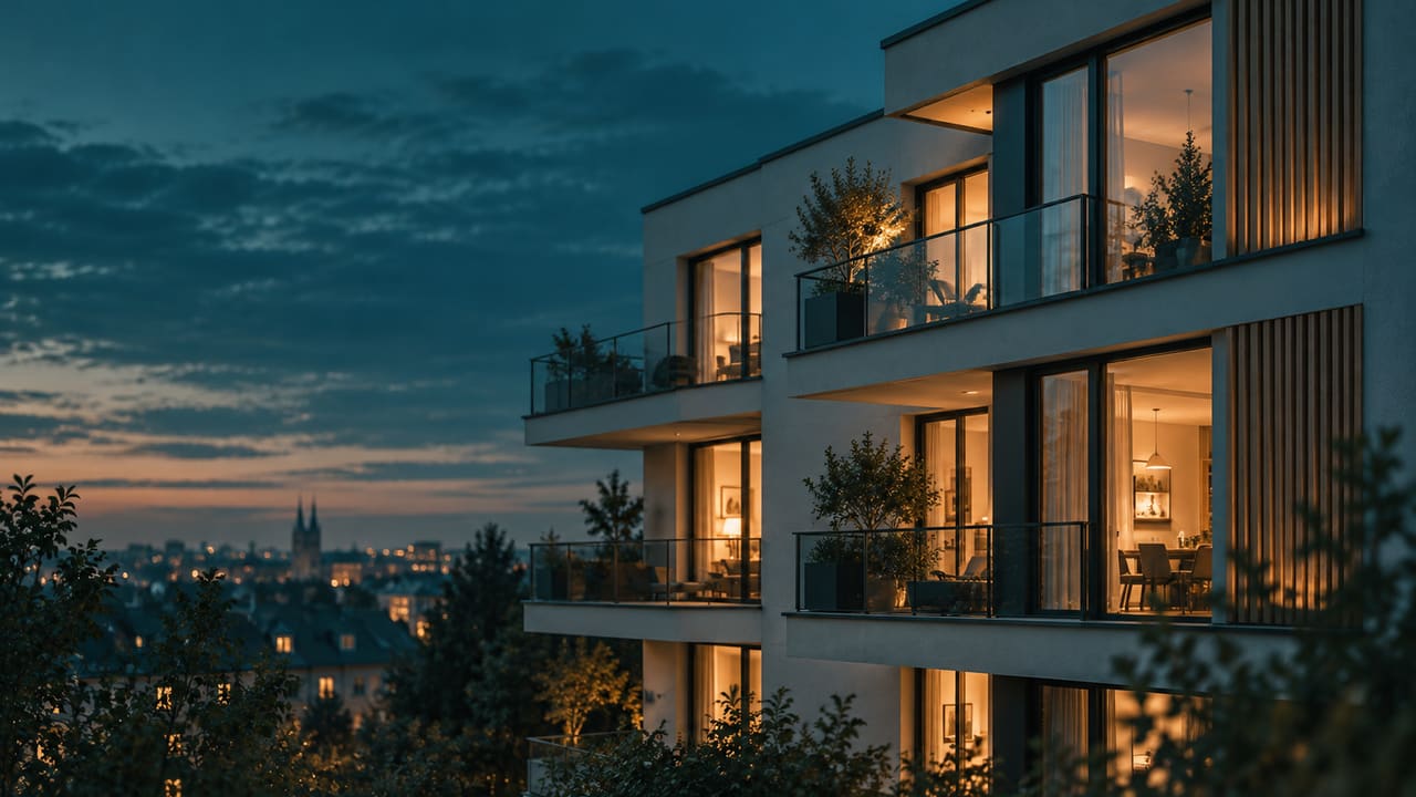 Modernisiertes Mehrfamilienhaus in der Abenddämmerung