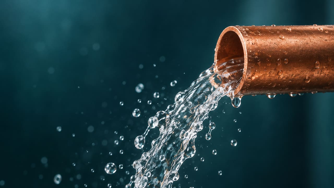 Klares Wasser fließt aus einem Kupferrohr