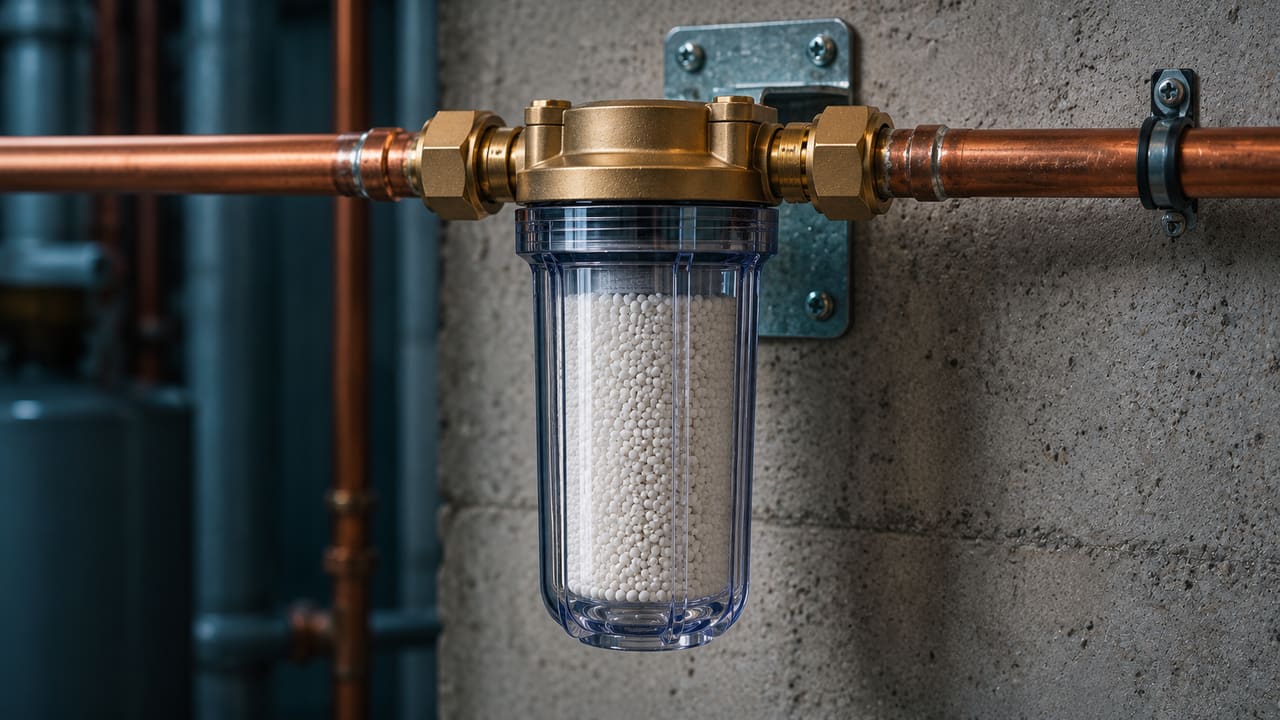 Transparente Kartusche mit Granulat in einer Wasserleitung