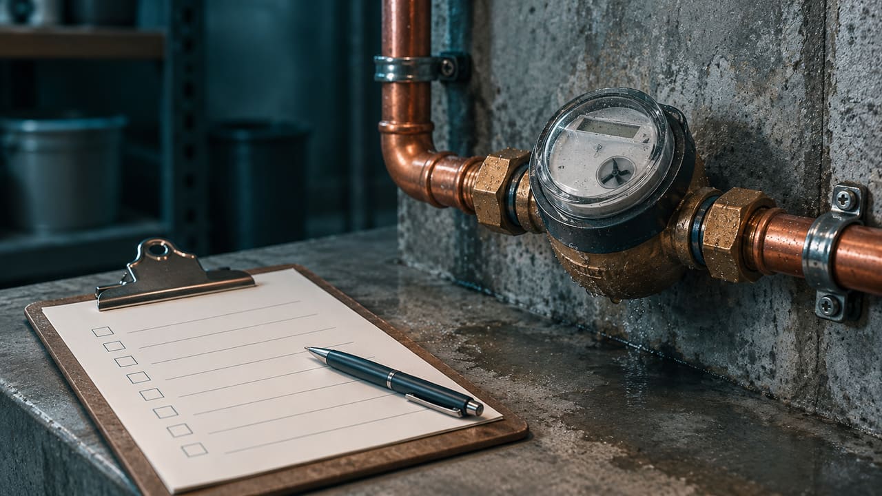 Klemmbrett mit Checkliste neben Wasserzähler und Hausanschlussleitung