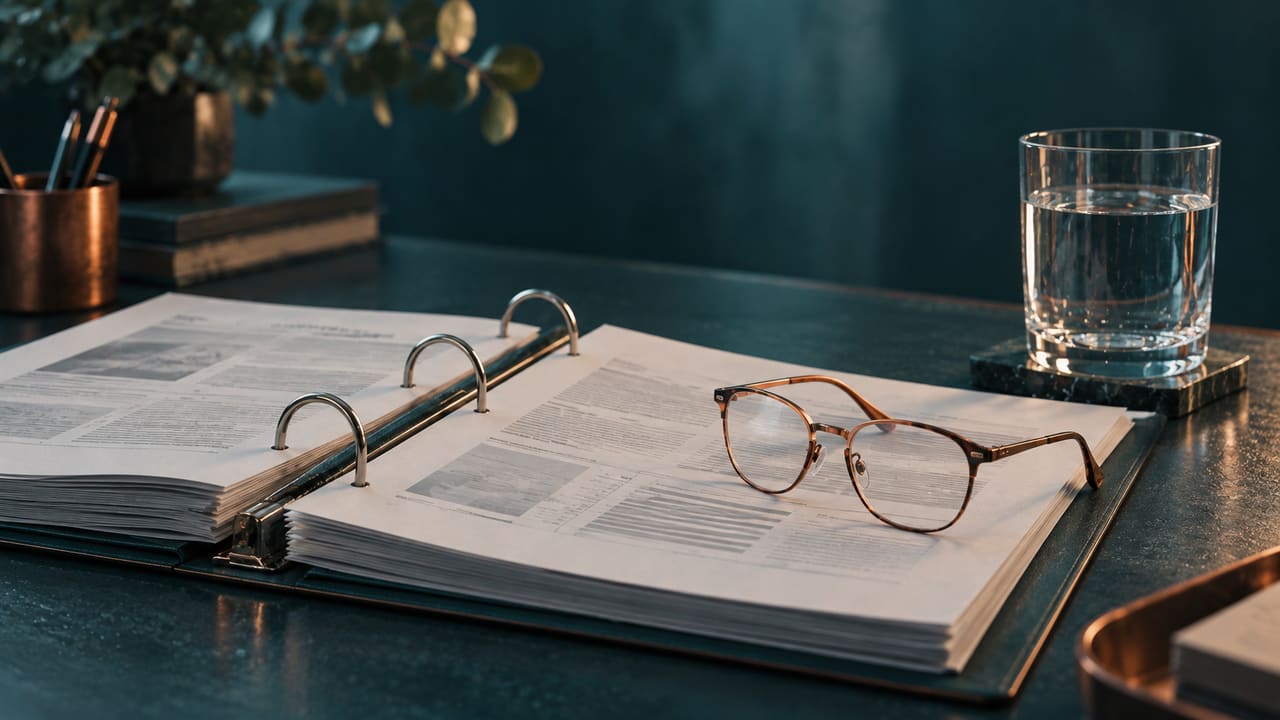 Ordner mit Vorschriften, Lesebrille und ein Glas Leitungswasser