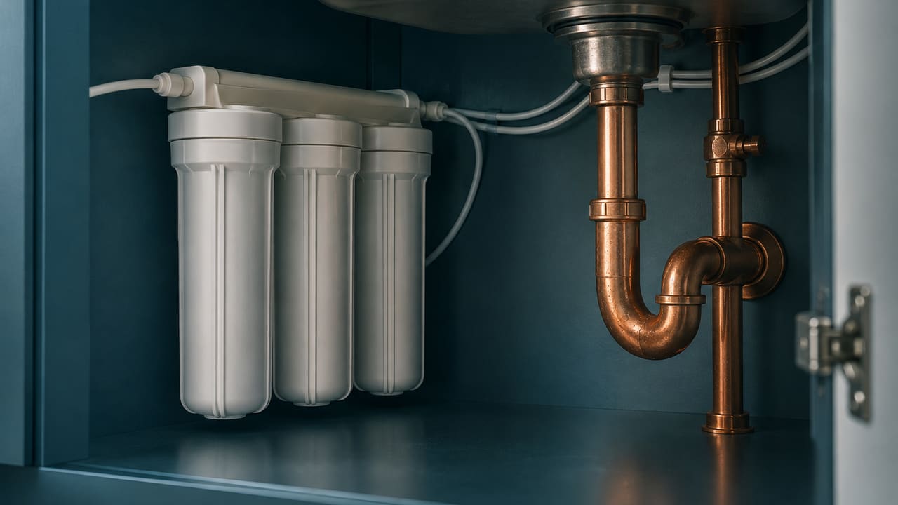 Membranfilter-Gehäuse mit Schläuchen unter einer Spüle