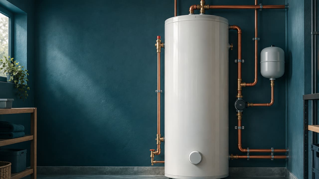 Warmwasserspeicher mit Kupferanschlüssen im Hauswirtschaftsraum