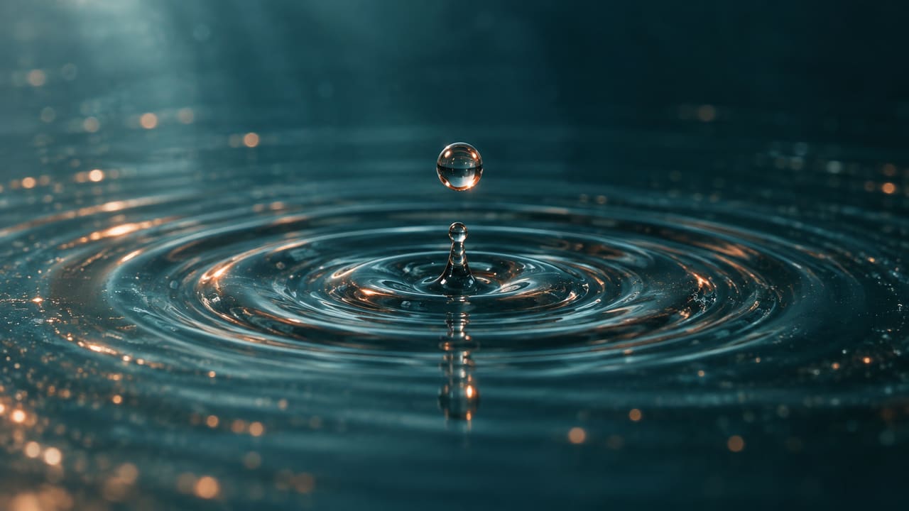 Wassertropfen fällt in eine ruhige Wasseroberfläche