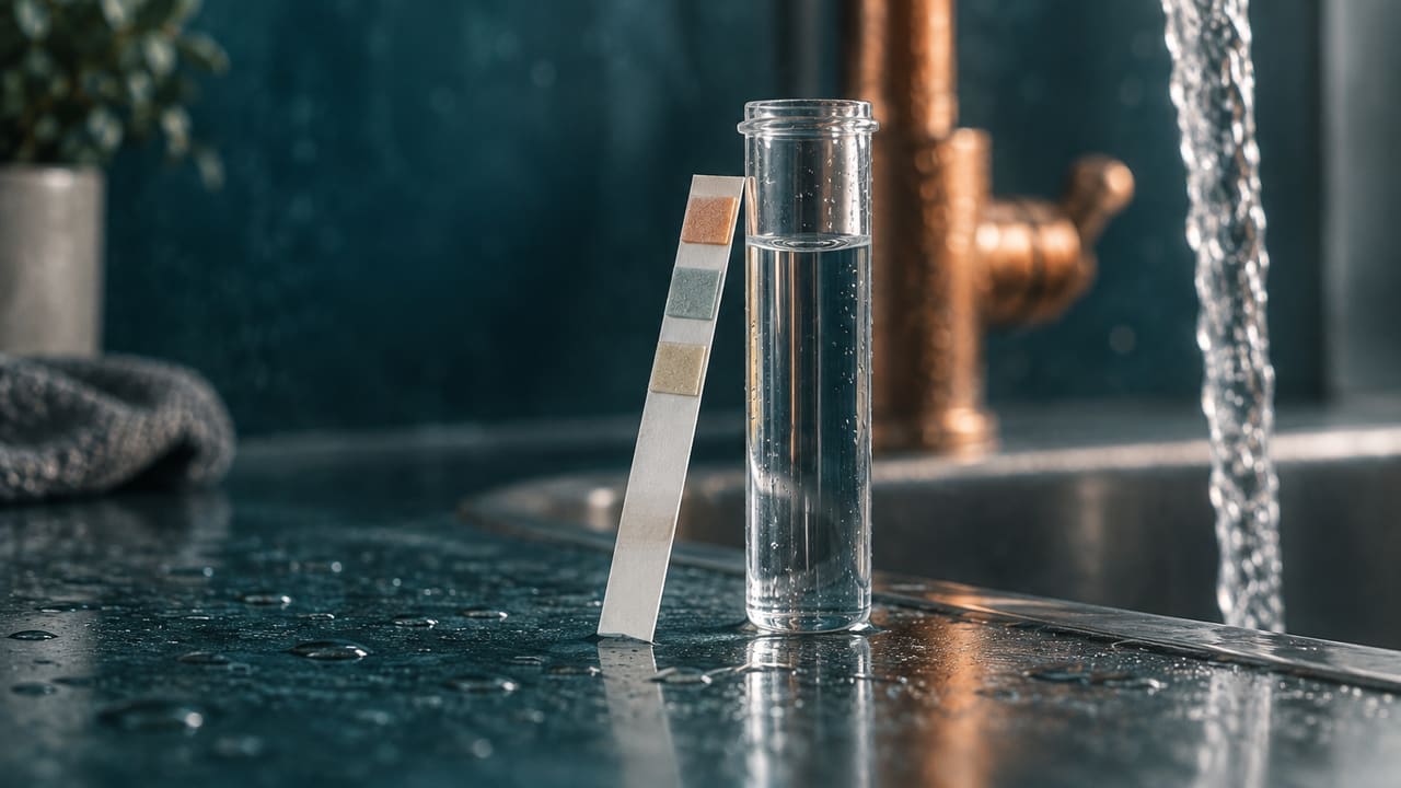 Teststreifen und Reagenzglas mit Wasser neben einem Wasserhahn