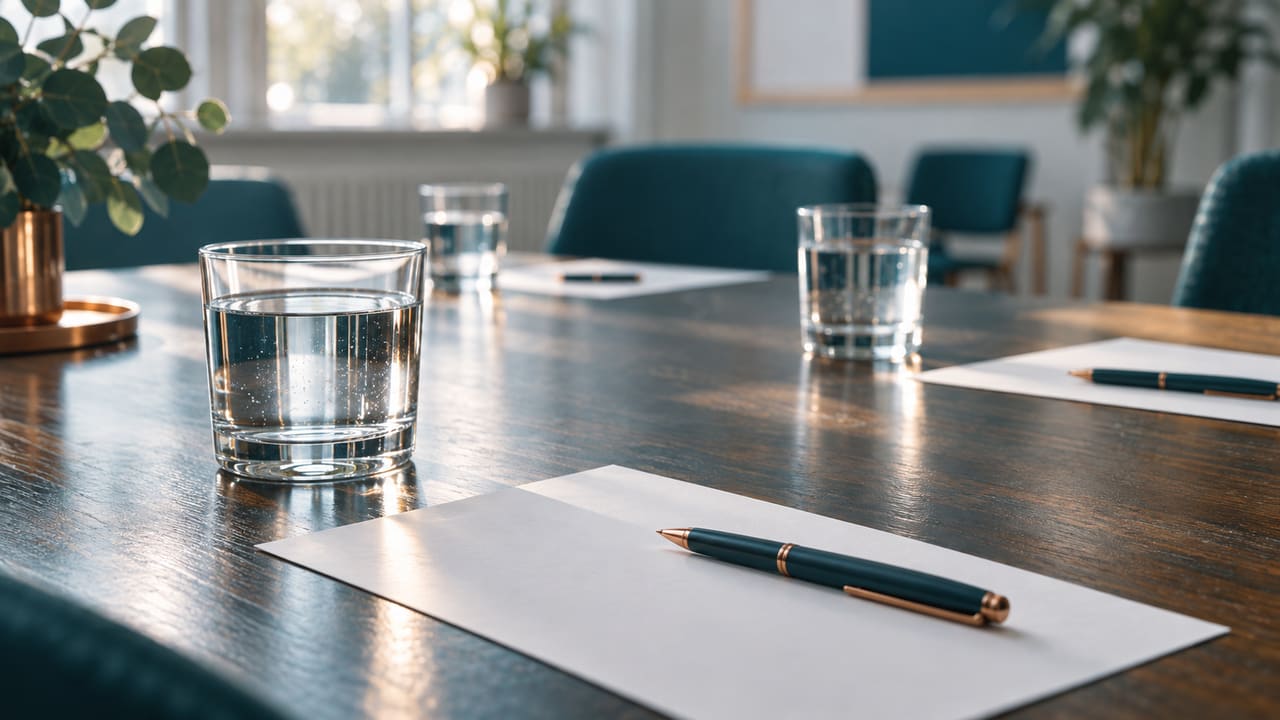 Besprechungstisch mit Unterlagen und Wassergläsern